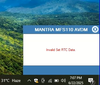 Invalid Set RTC Data mantra mfs110 l1 error