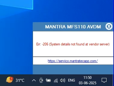 System details not found at vendor server mantra mfs110 l1 error